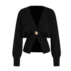 Knit V-Neck Metallic Button Cardigan – Black